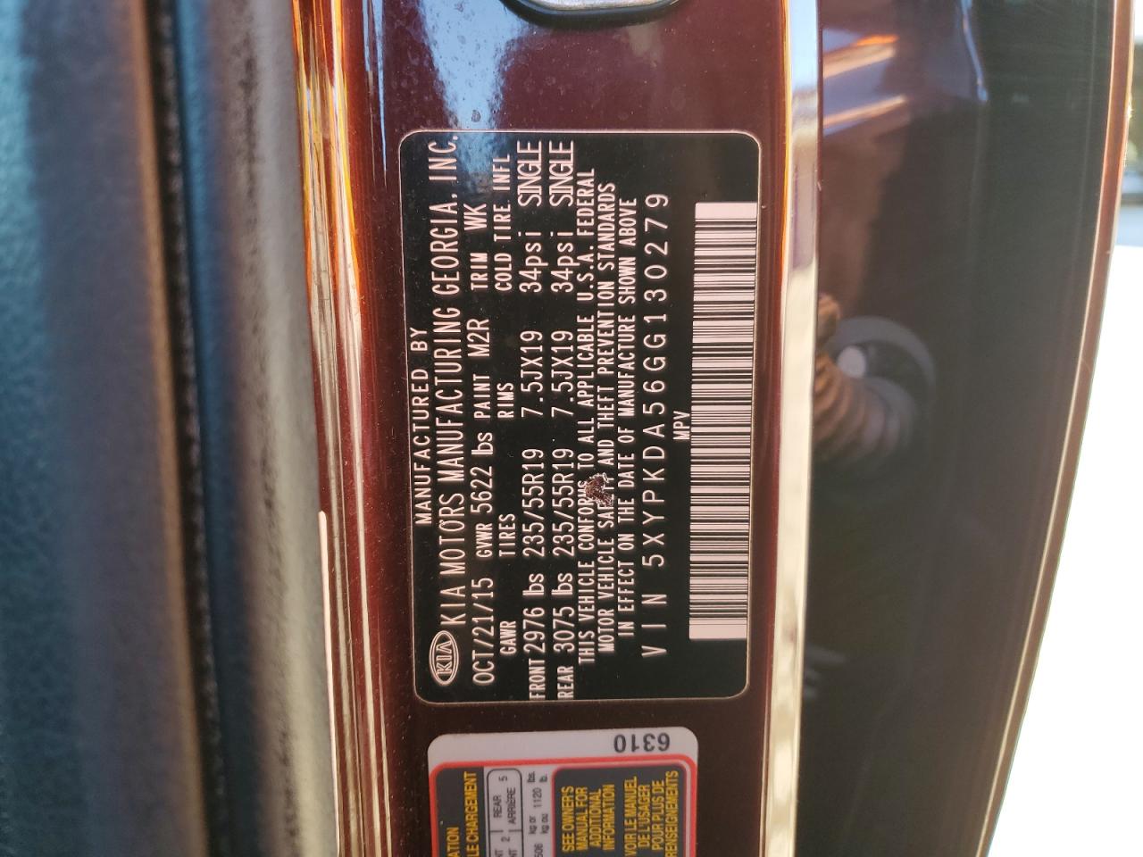 2016 KIA Sorento VIN 5XYPKDA56GG130279 Copart auction photo, front end damage thumbnail 15