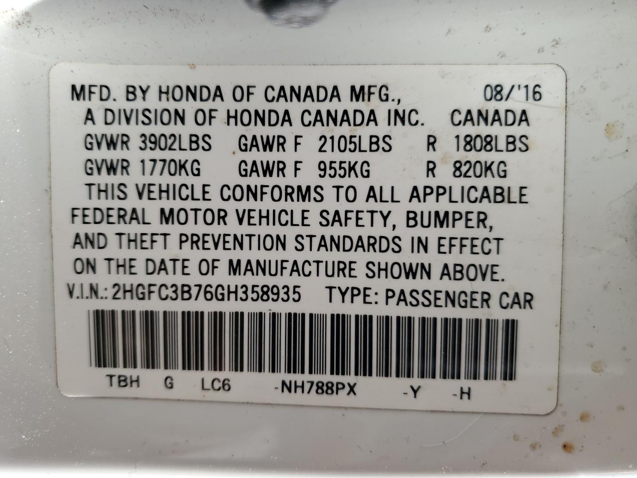 2016 Honda Civic VIN 2HGFC3B76GH358935 Copart auction photo, front end / side damage thumbnail 13