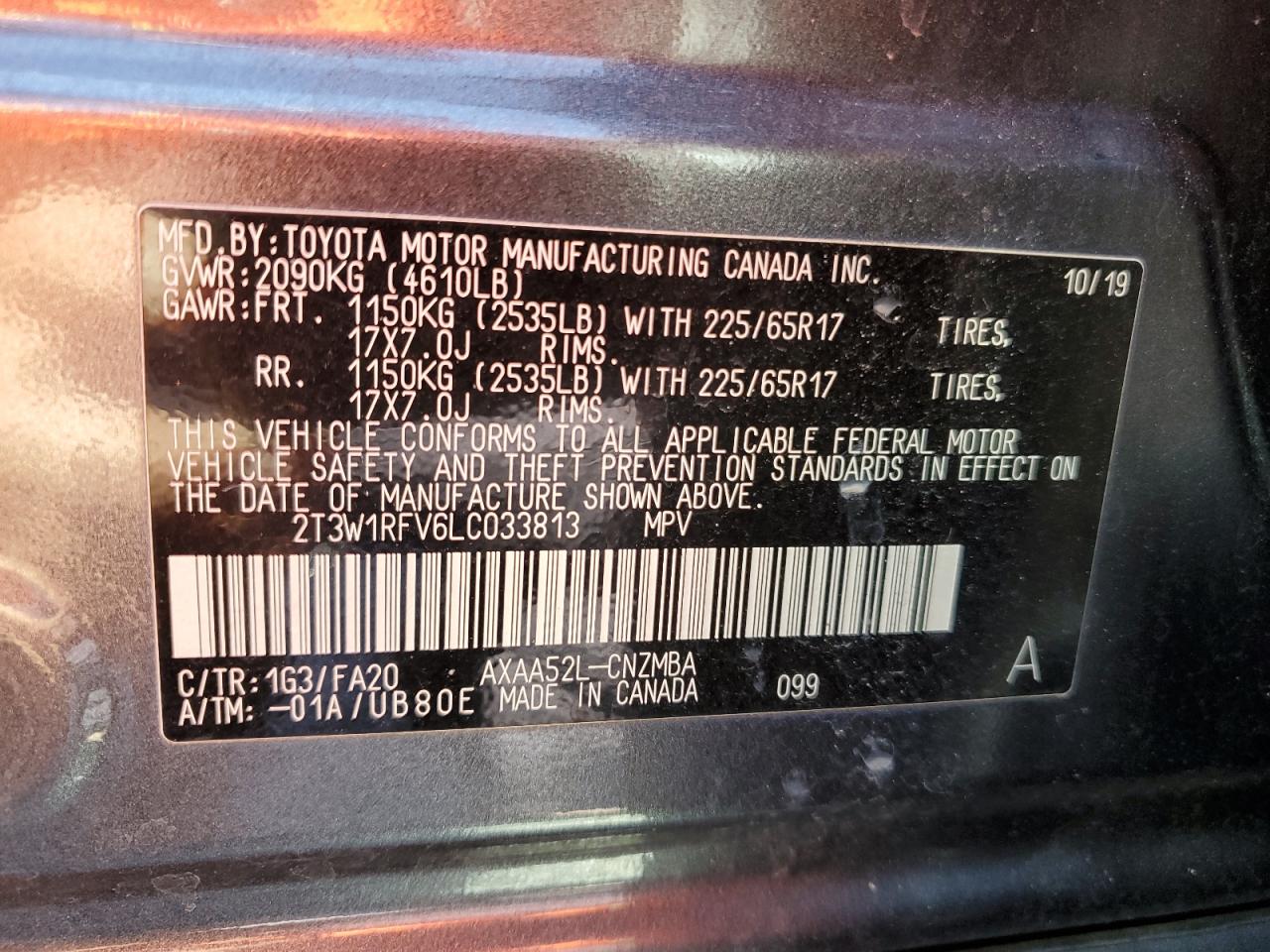 2020 Toyota RAV 4 VIN 2T3W1RFV6LC033813 Copart auction photo, front end damage thumbnail 13