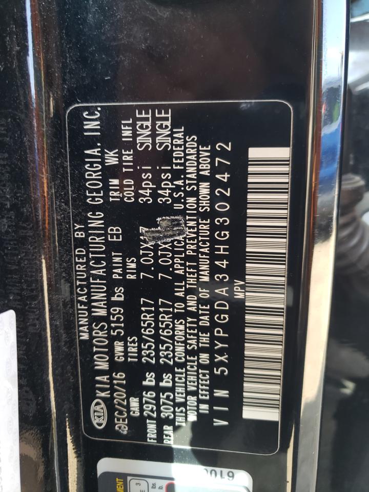 2017 KIA Sorento VIN 5XYPGDA34HG302472 Copart auction photo, vandalism / front end damage thumbnail 13
