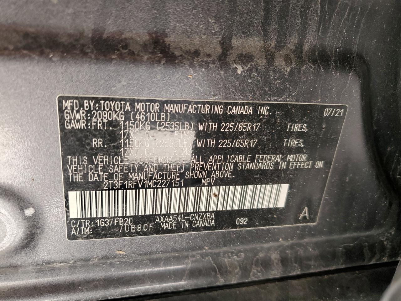2021 Toyota RAV 4 VIN 2T3F1RFV1MC227151 Copart auction photo, side / front end damage thumbnail 13
