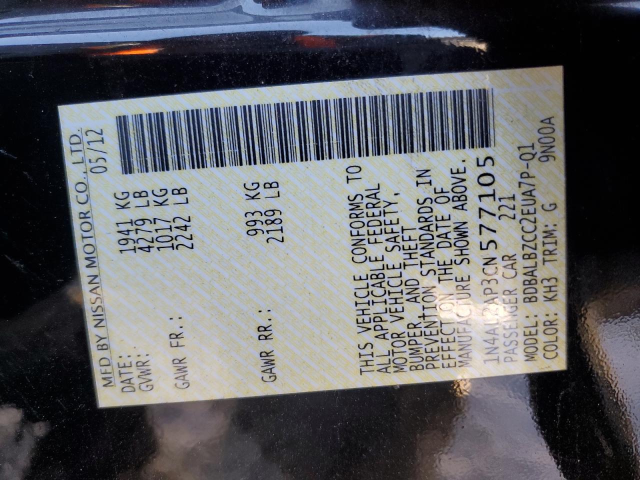 2012 Nissan Altima VIN 1N4AL2AP3CN577105 Copart auction photo, all over damage thumbnail 12