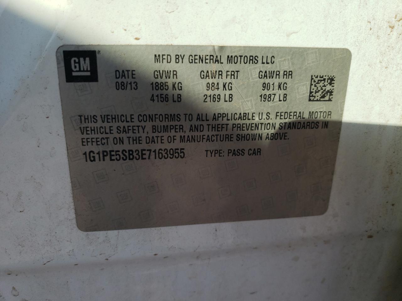 2014 Chevrolet Cruze VIN 1G1PE5SB3E7163955 Copart auction photo, rear end damage thumbnail 14