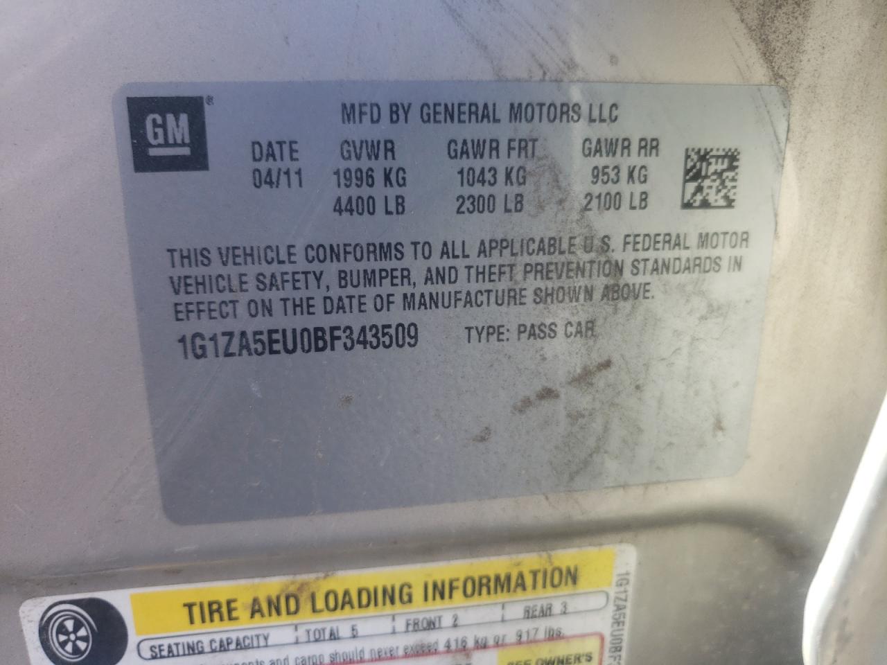 2011 Chevrolet Malibu VIN 1G1ZA5EU0BF343509 Copart auction photo, front end damage thumbnail 12
