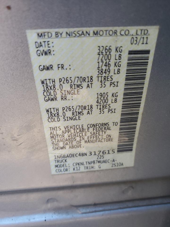 2011 Nissan Titan VIN 1N6BA0EC4BN317615 Copart auction photo, rear end / minor dent/scratches damage thumbnail 13