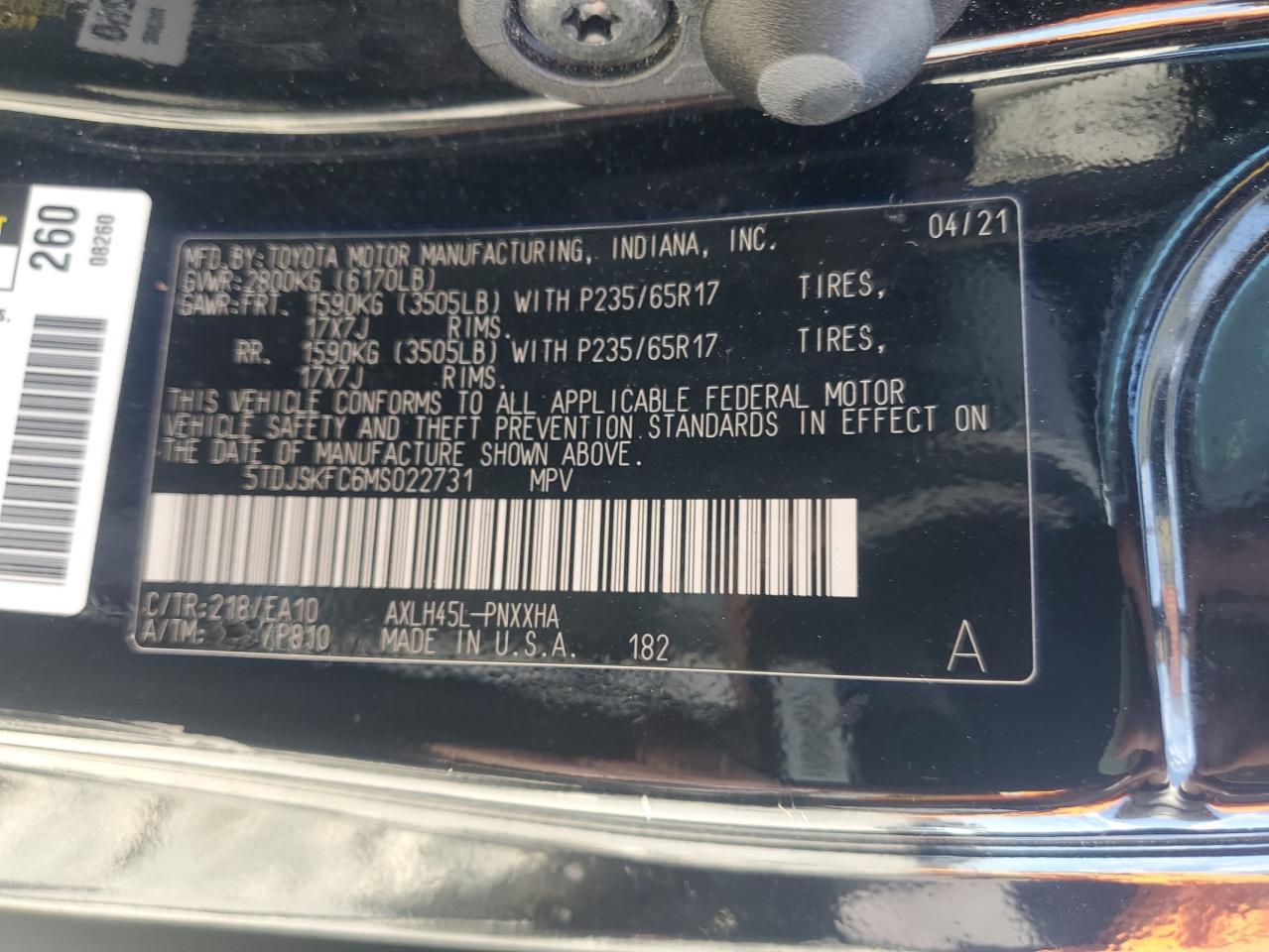 2021 Toyota Sienna VIN 5TDJSKFC6MS022731 Copart auction photo, front end / minor dent/scratches damage thumbnail 13