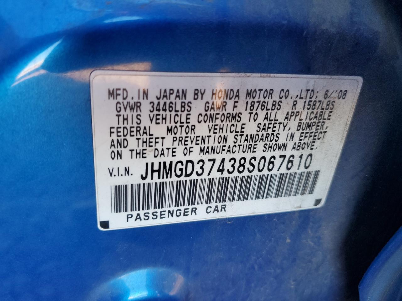 2008 Honda Fit VIN JHMGD37438S067610 Copart auction photo, front end damage thumbnail 12