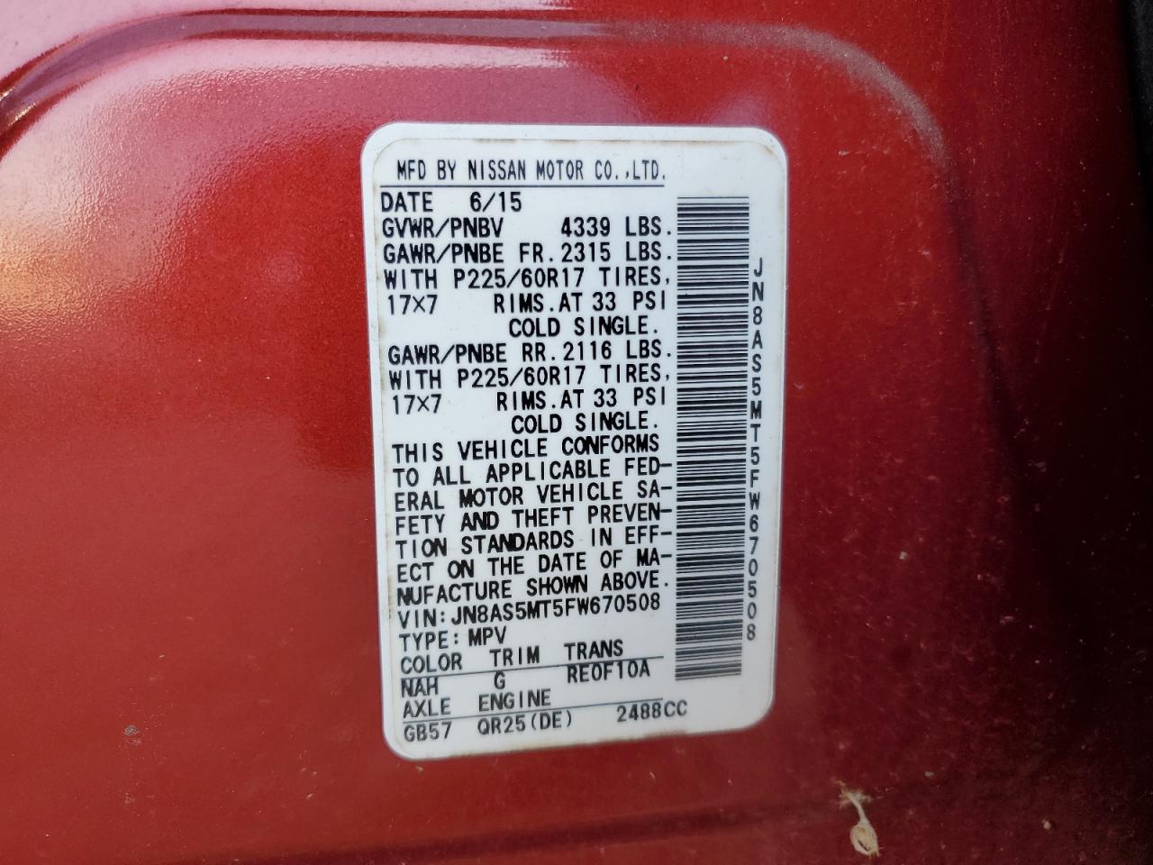 2015 Nissan Rogue VIN JN8AS5MT5FW670508 Copart auction photo, front end / rear end damage thumbnail 13