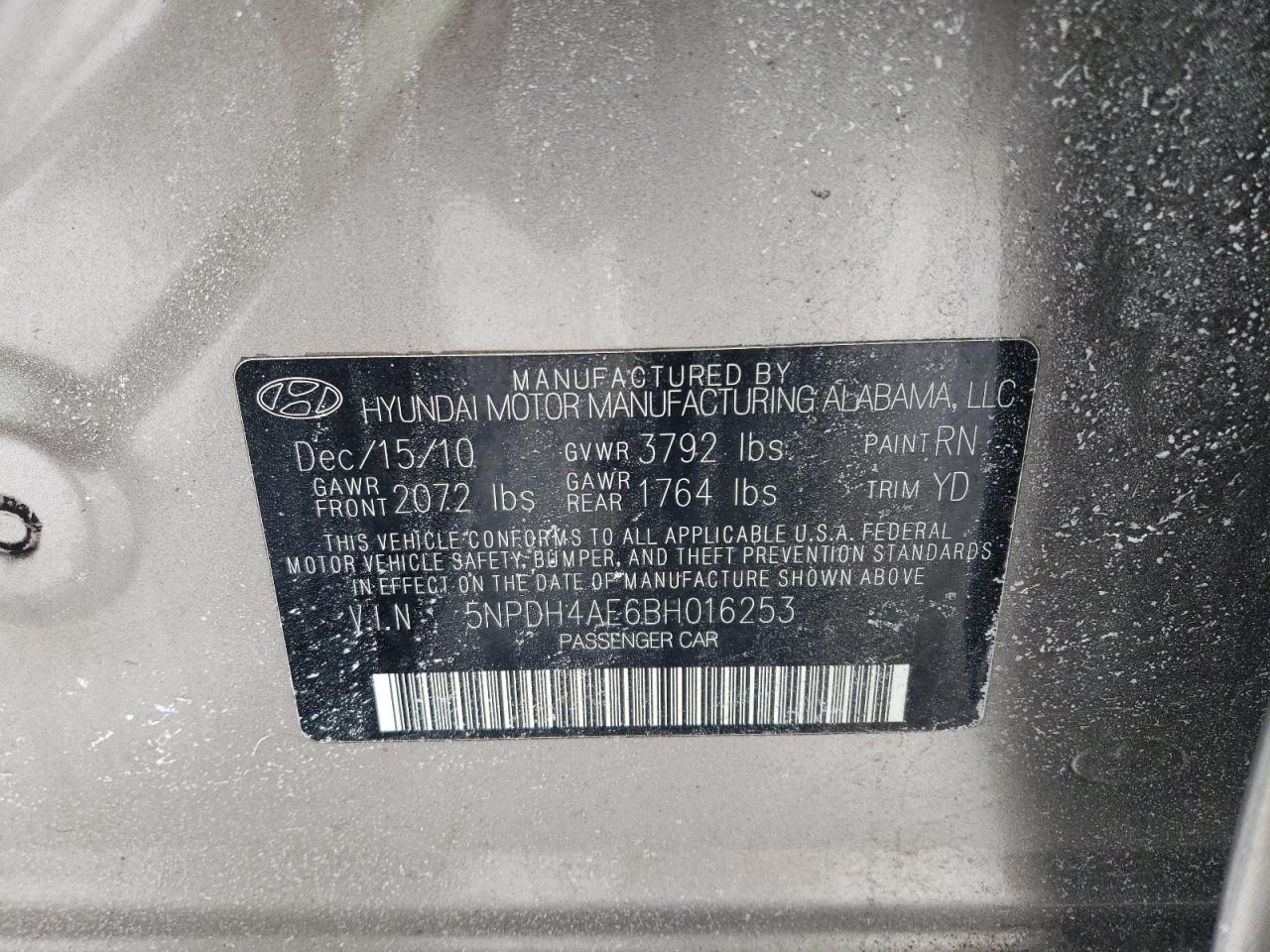 2011 Hyundai Elantra VIN 5NPDH4AE6BH016253 Copart auction photo, mechanical / normal wear damage thumbnail 12