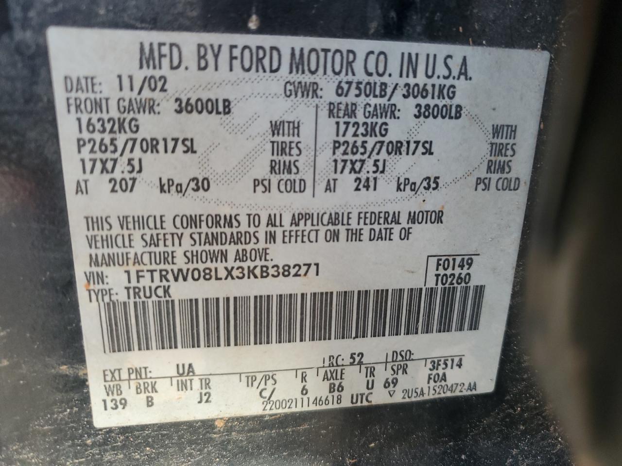 2003 Ford F-150 VIN 1FTRW08LX3KB38271 Copart auction photo, side damage thumbnail 13