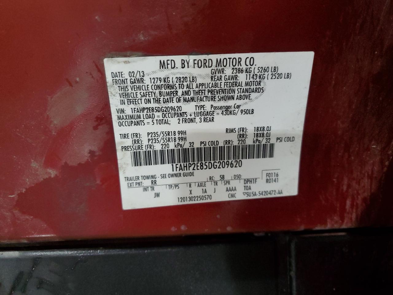 2013 Ford Taurus VIN 1FAHP2E85DG209620 Copart auction photo, front end damage thumbnail 13