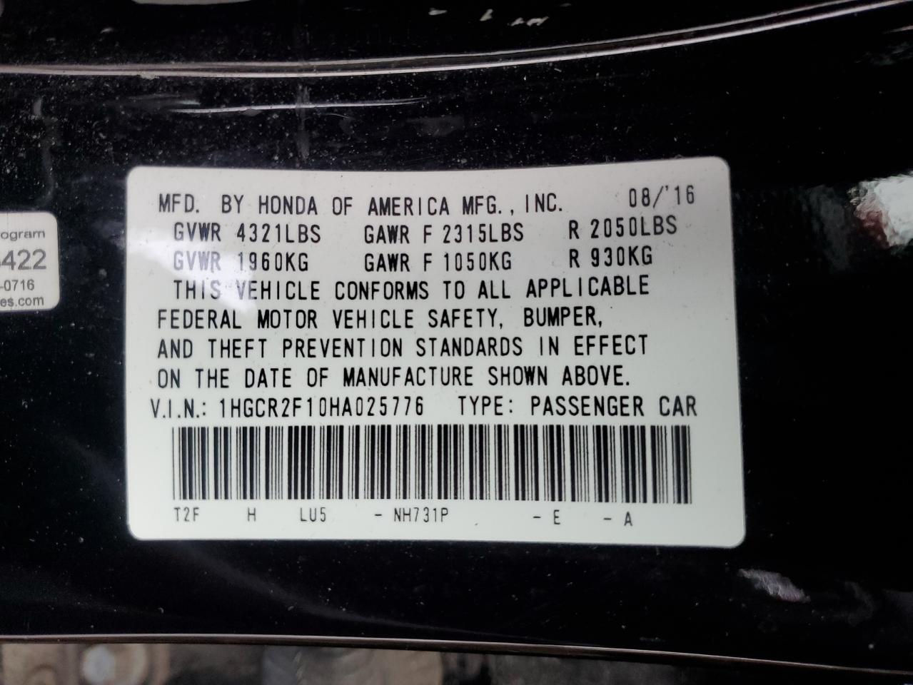 2017 Honda Accord VIN 1HGCR2F10HA025776 Copart auction photo, front end / minor dent/scratches damage thumbnail 14