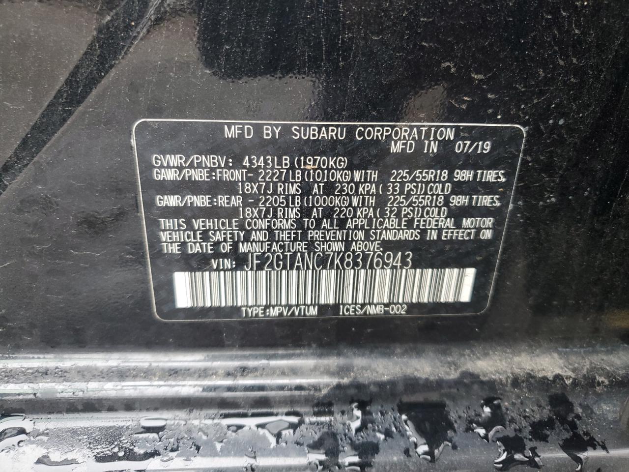 2019 Subaru XV VIN JF2GTANC7K8376943 Copart auction photo, front end damage thumbnail 12
