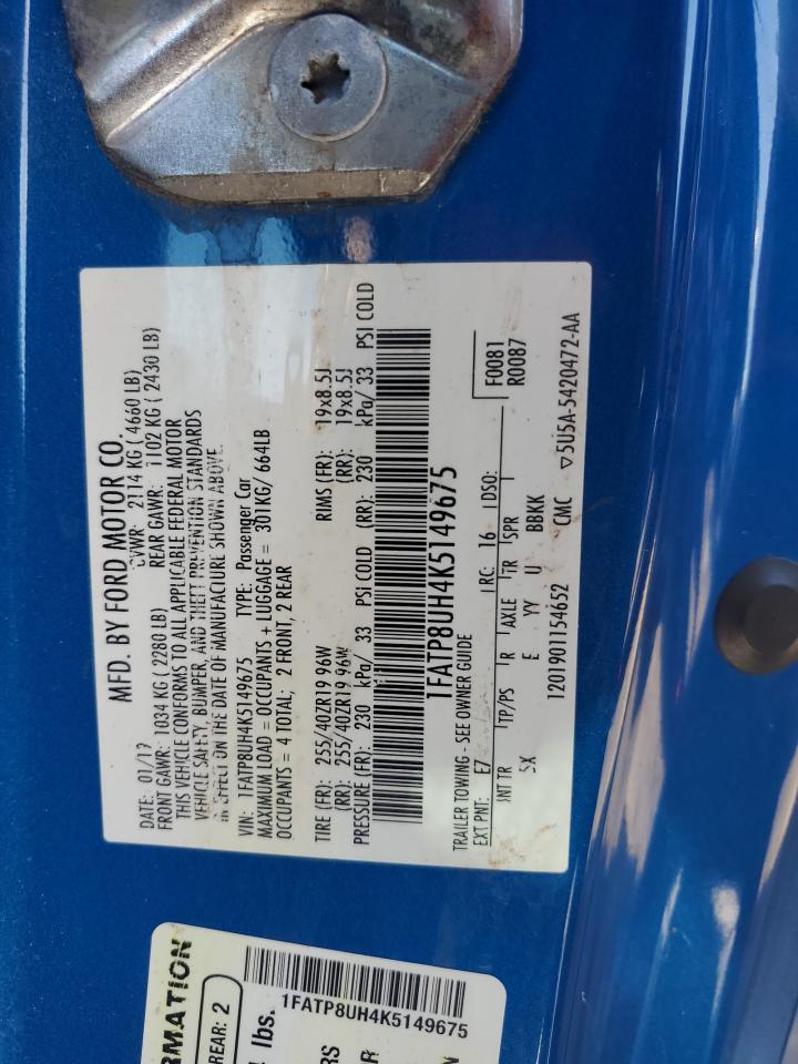 2019 Ford Mustang VIN 1FATP8UH4K5149675 Copart auction photo, water/flood damage thumbnail 13