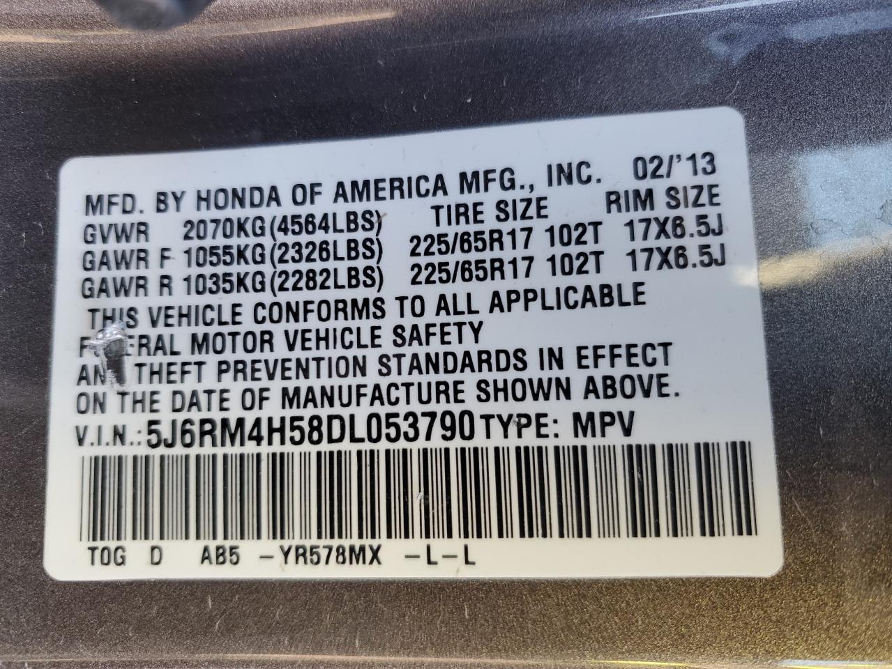 2013 Honda CR-V VIN 5J6RM4H58DL053790 Copart auction photo, all over damage thumbnail 13