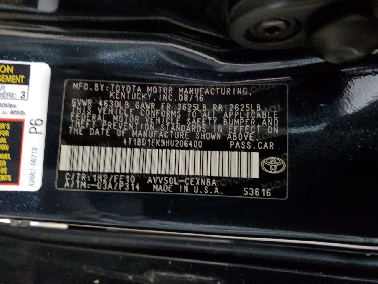 2017 Toyota Camry VIN 4T1BD1FK9HU206400 Copart auction photo, front end damage thumbnail 14