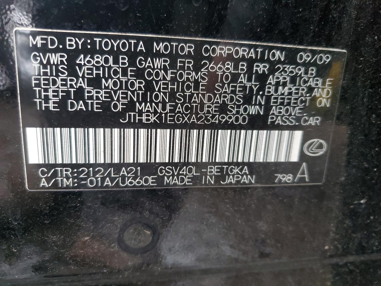 2010 Lexus ES VIN JTHBK1EGXA2349900 Copart auction photo, rear end damage thumbnail 13