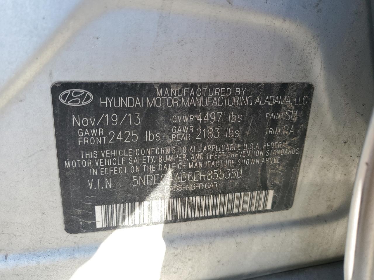 2014 Hyundai Sonata VIN 5NPEC4AB6EH855350 Copart auction photo, front end / side damage thumbnail 13