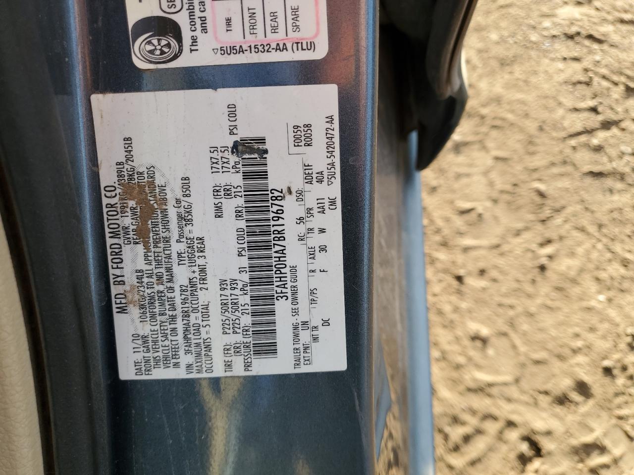 2011 Ford Fusion VIN 3FAHP0HA7BR196782 Copart auction photo, hail damage thumbnail 12