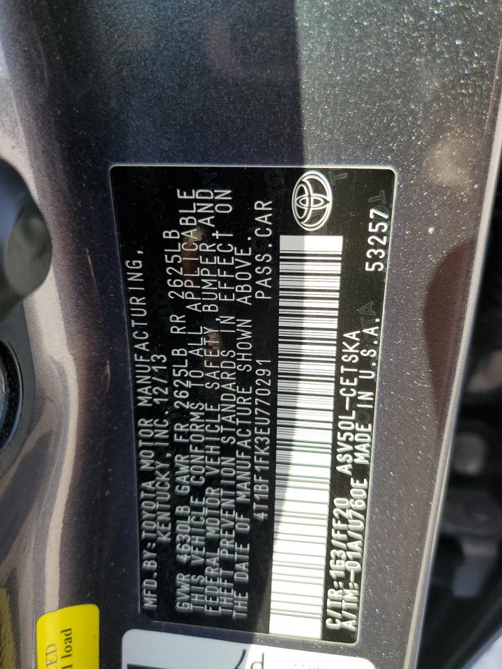 2014 Toyota Camry VIN 4T1BF1FK3EU770291 Copart auction photo, rear end / side damage thumbnail 12