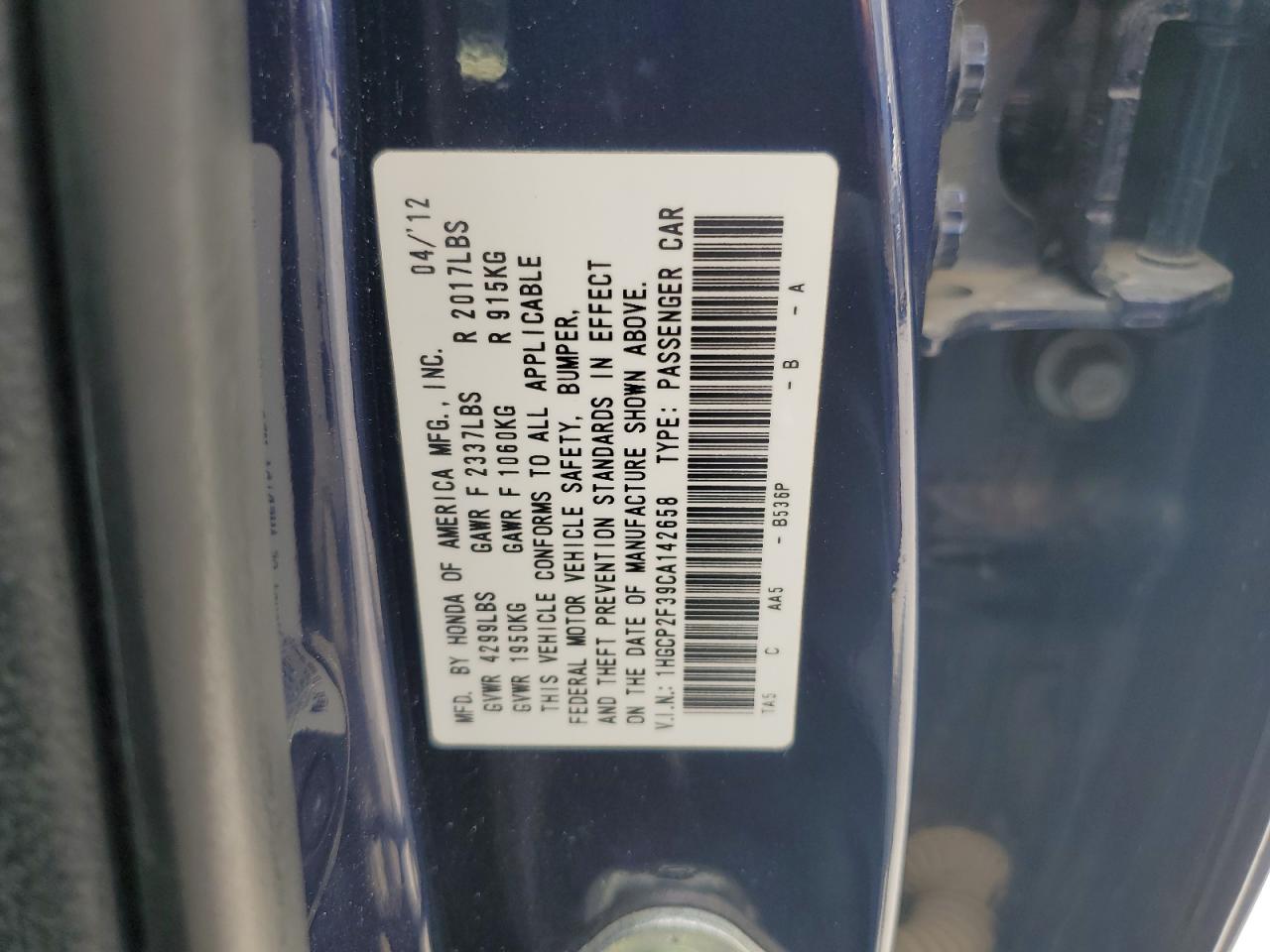 2012 Honda Accord VIN 1HGCP2F39CA142658 Copart auction photo, front end damage thumbnail 14