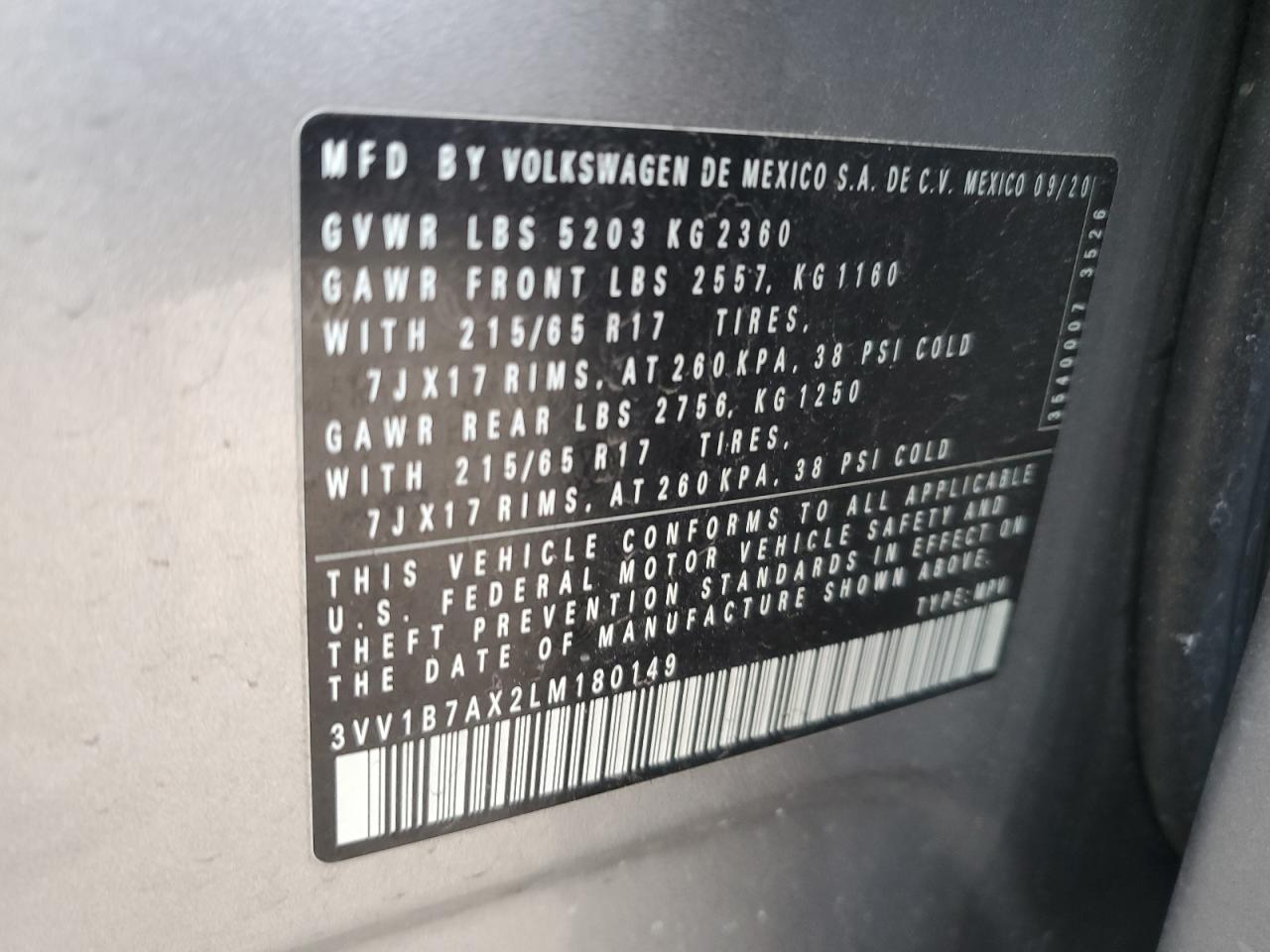 2020 Volkswagen Tiguan VIN 3VV1B7AX2LM180149 Copart auction photo, side damage thumbnail 13
