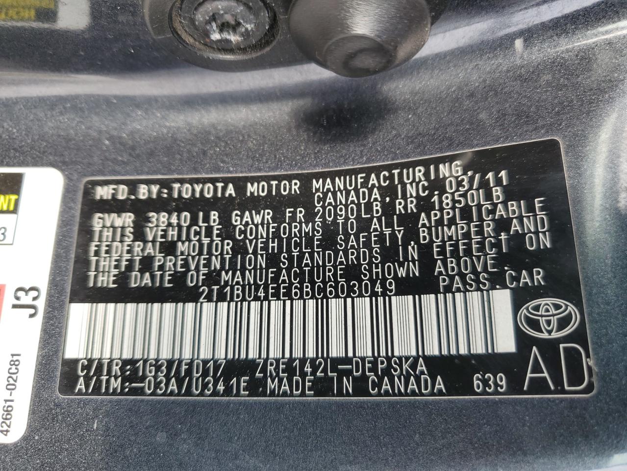 2011 Toyota Corolla VIN 2T1BU4EE6BC603049 Copart auction photo, front end / rear end damage thumbnail 13