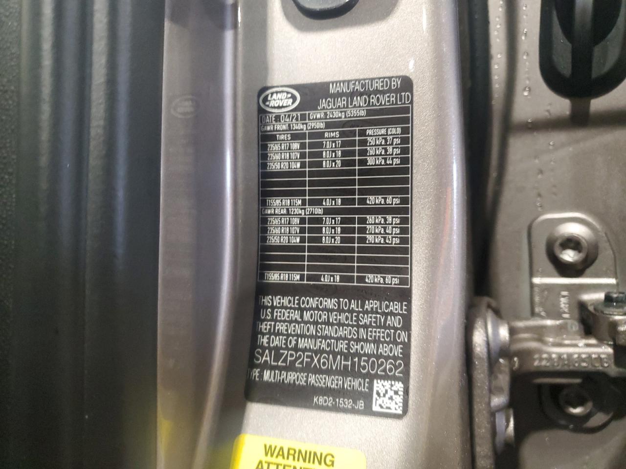 2021 Land Rover Range Rover VIN SALZP2FX6MH150262 Copart auction photo, front end damage thumbnail 12