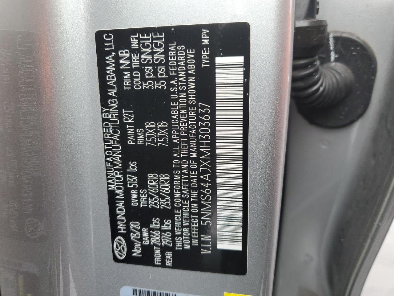 2021 Hyundai Santa Fe VIN 5NMS64AJXMH303637 Copart auction photo, front end damage thumbnail 15