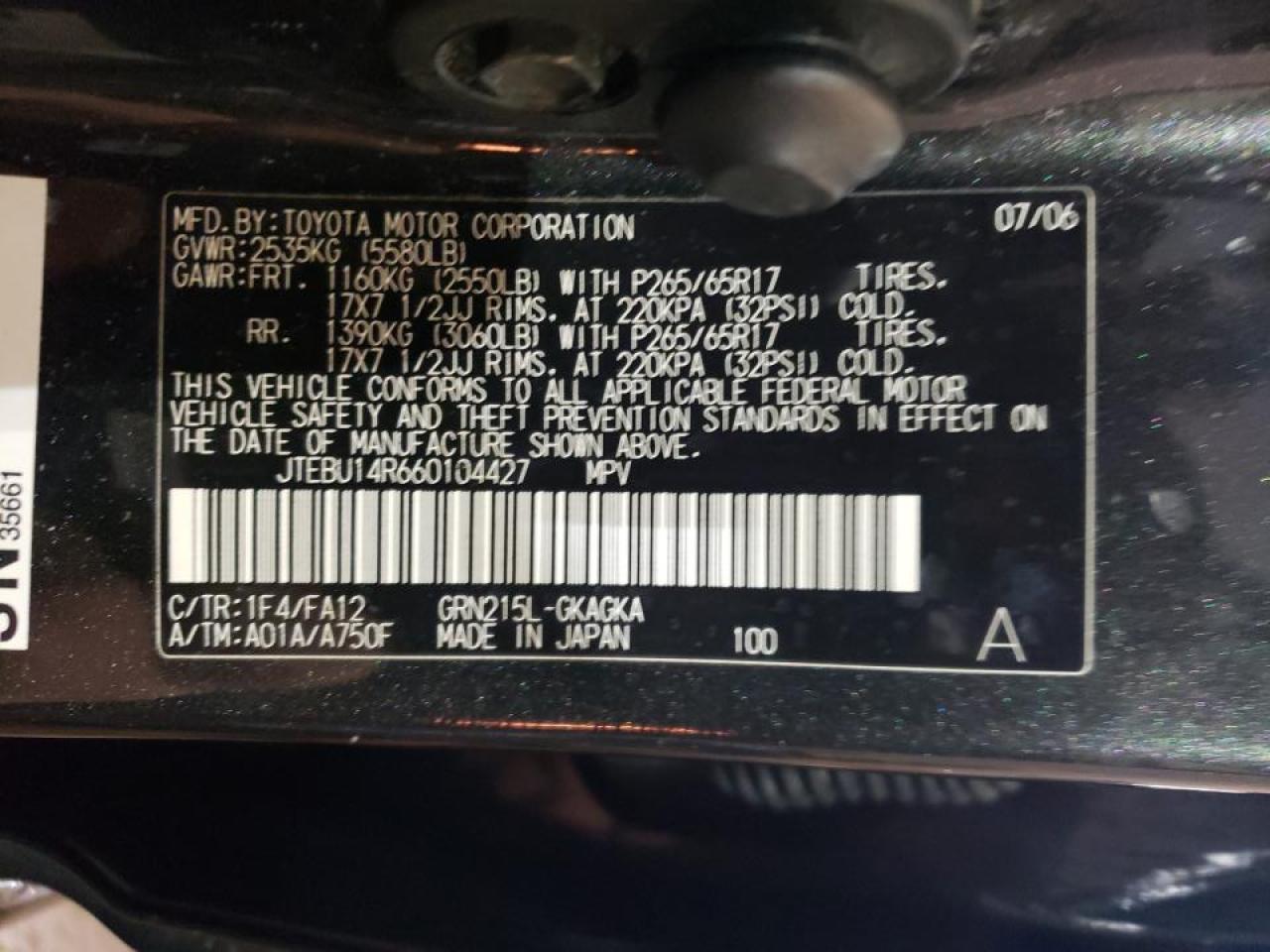 2006 Toyota 4Runner VIN JTEBU14R660104427 Copart auction photo, top/roof / front end damage thumbnail 15