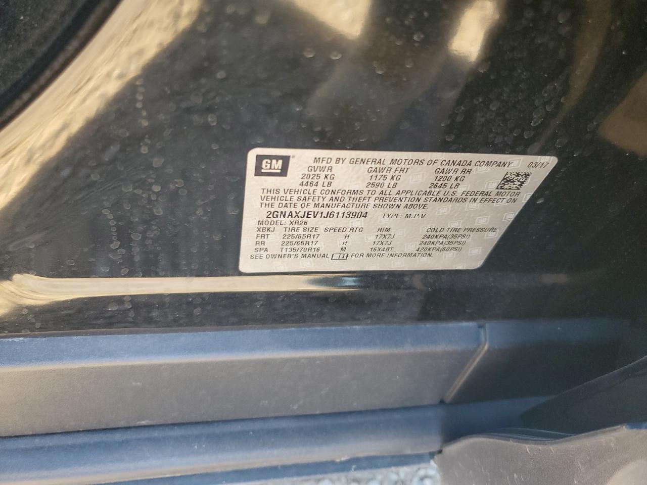 2018 Chevrolet Equinox VIN 2GNAXJEV1J6113904 Copart auction photo, rear end damage thumbnail 13