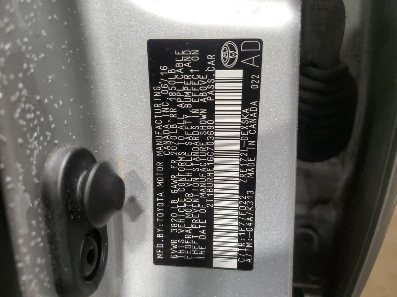 2016 Toyota Corolla VIN 2T1BURHE1GC703690 Copart auction photo, front end / side damage thumbnail 12