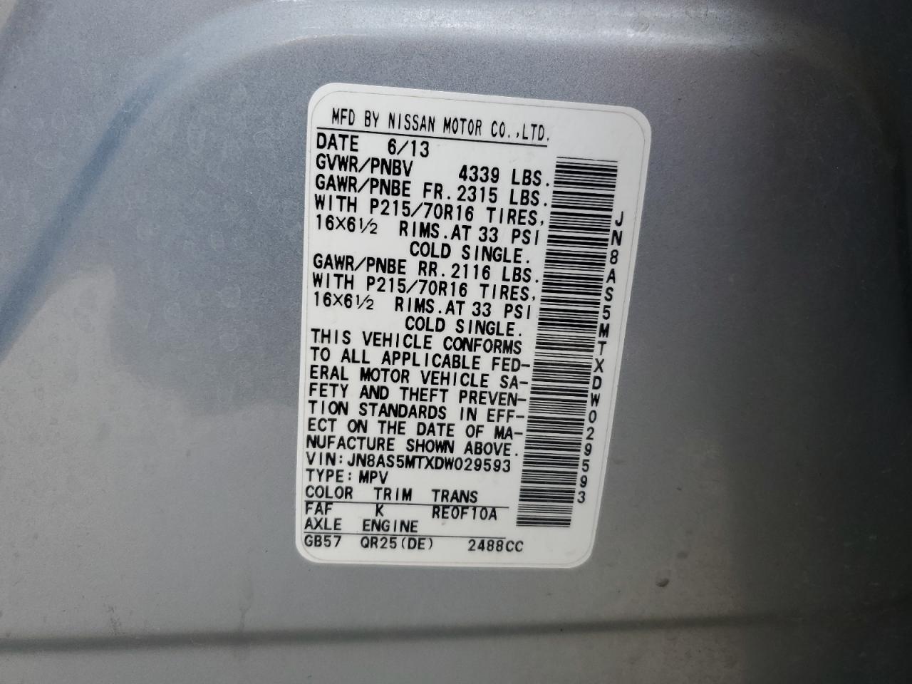2013 Nissan Rogue VIN JN8AS5MTXDW029593 Copart auction photo, front end damage thumbnail 13