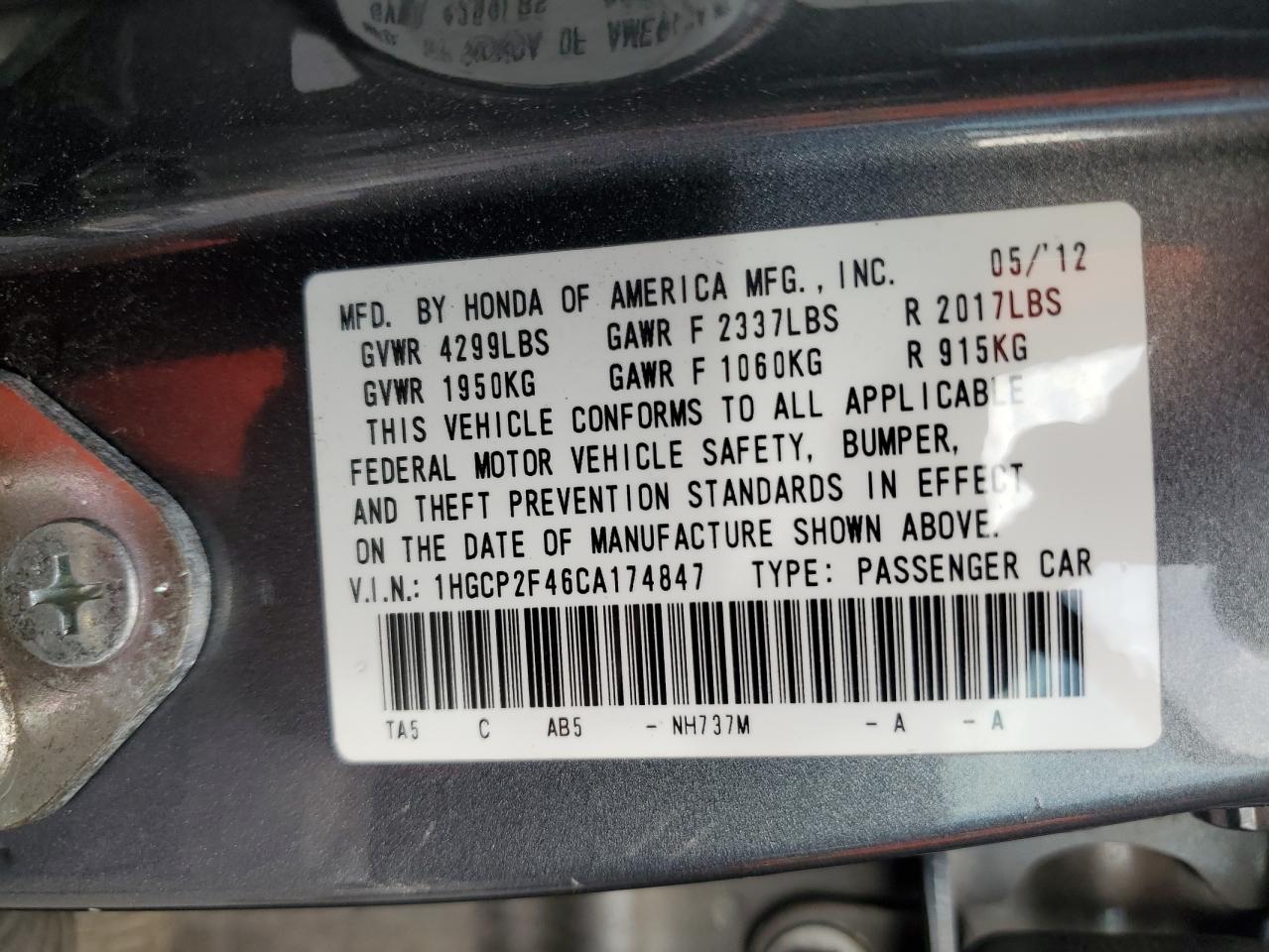 2012 Honda Accord VIN 1HGCP2F46CA174847 Copart auction photo, side damage thumbnail 12