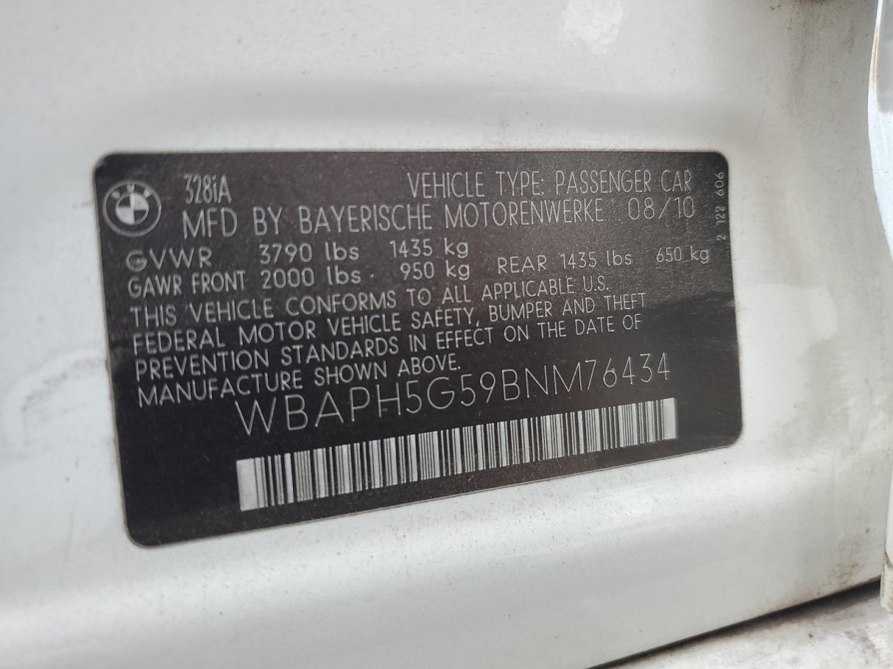2011 BMW 3er VIN WBAPH5G59BNM76434 Copart auction photo, mechanical / minor dent/scratches damage thumbnail 12