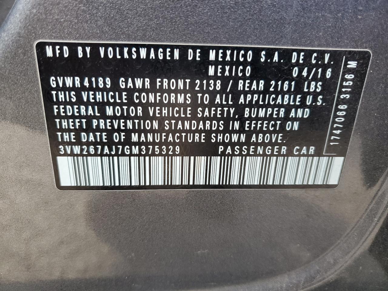 2016 Volkswagen Jetta VIN 3VW267AJ7GM375329 Copart auction photo, side damage thumbnail 12