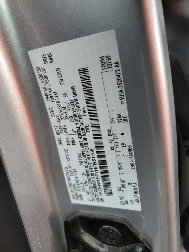 2017 Ford F-150 VIN 1FTEW1EP7HFB51166 Copart auction photo, rear end / side damage thumbnail 12