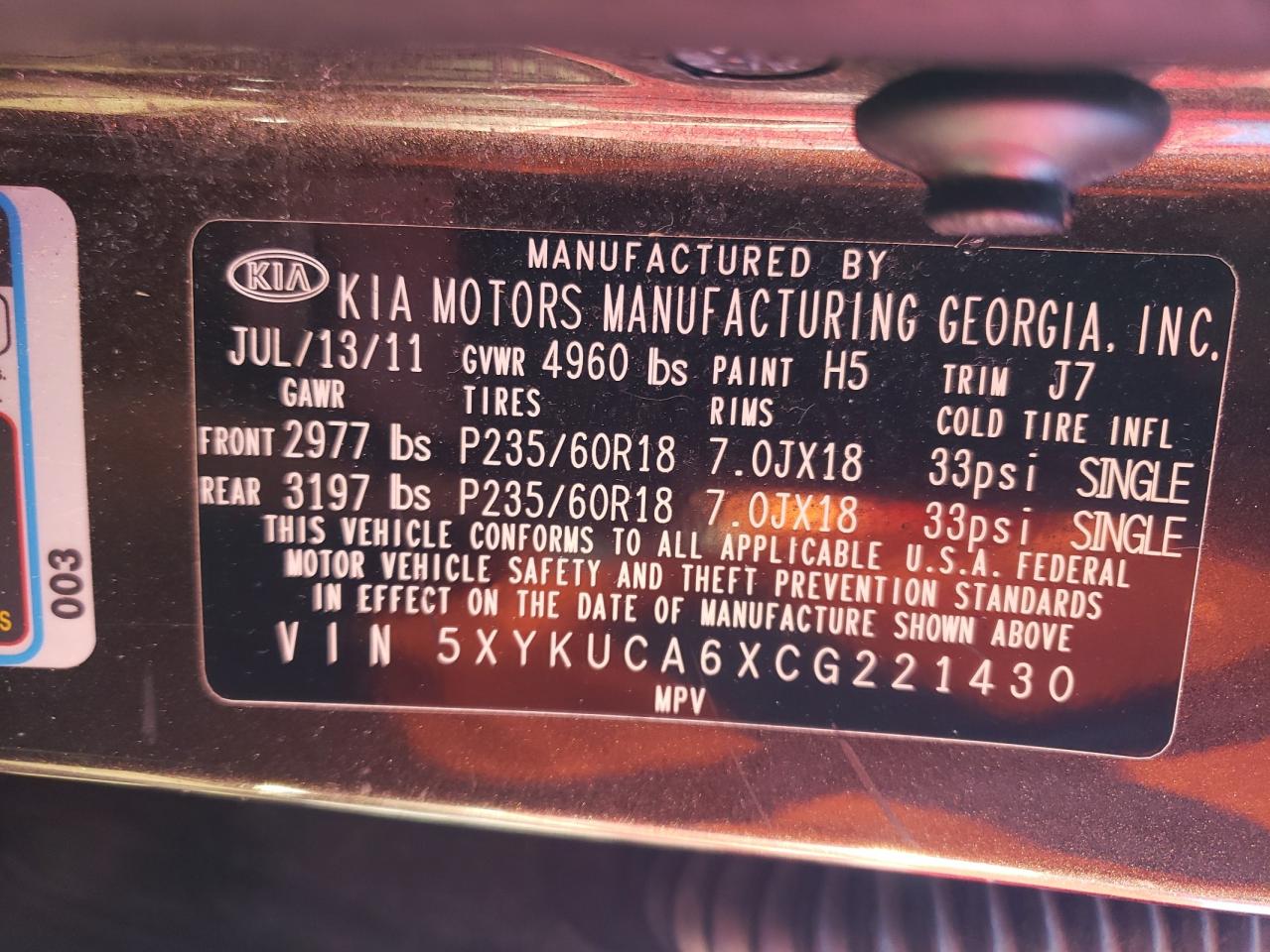 2012 KIA Sorento VIN 5XYKUCA6XCG221430 Copart auction photo, normal wear damage thumbnail 12