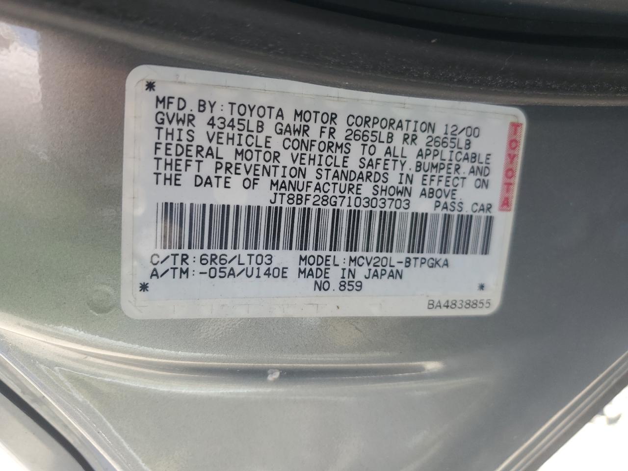 2001 Lexus ES VIN JT8BF28G710303703 Copart auction photo, minor dent/scratches damage thumbnail 12