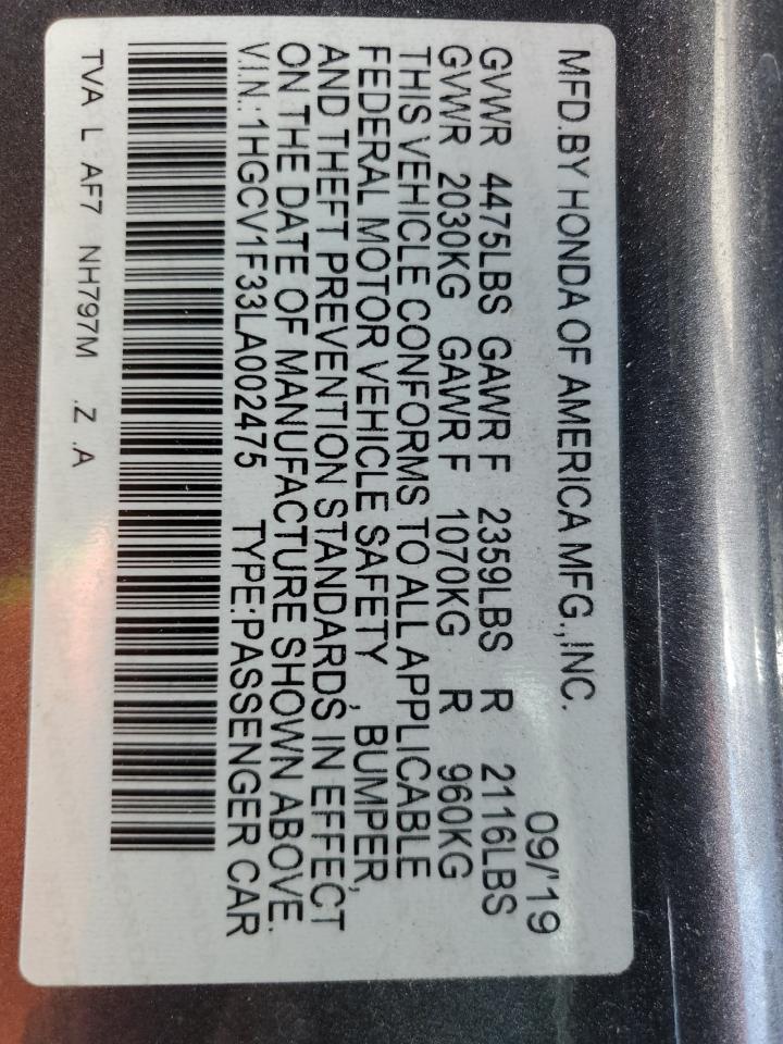 2020 Honda Accord VIN 1HGCV1F33LA002475 Copart auction photo, front end / minor dent/scratches damage thumbnail 13