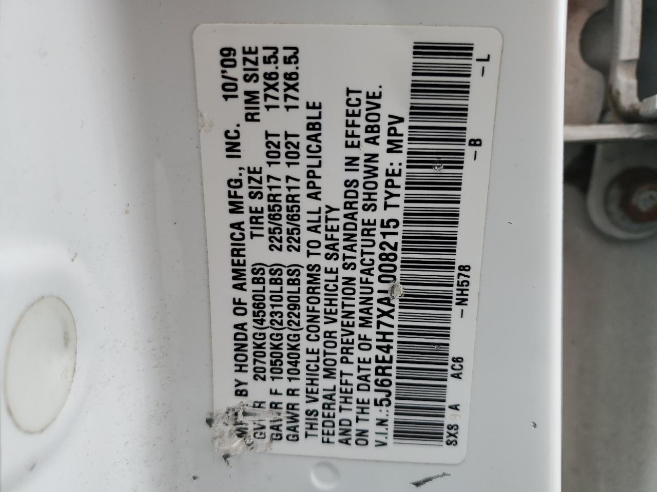 2010 Honda CR-V VIN 5J6RE4H7XAL008215 Copart auction photo, top/roof / mechanical damage thumbnail 13