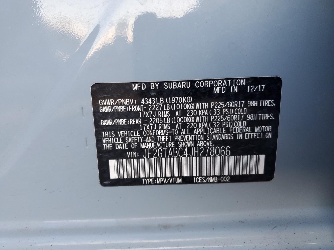 2018 Subaru XV VIN JF2GTABC4JH278066 Copart auction photo, all over damage thumbnail 14
