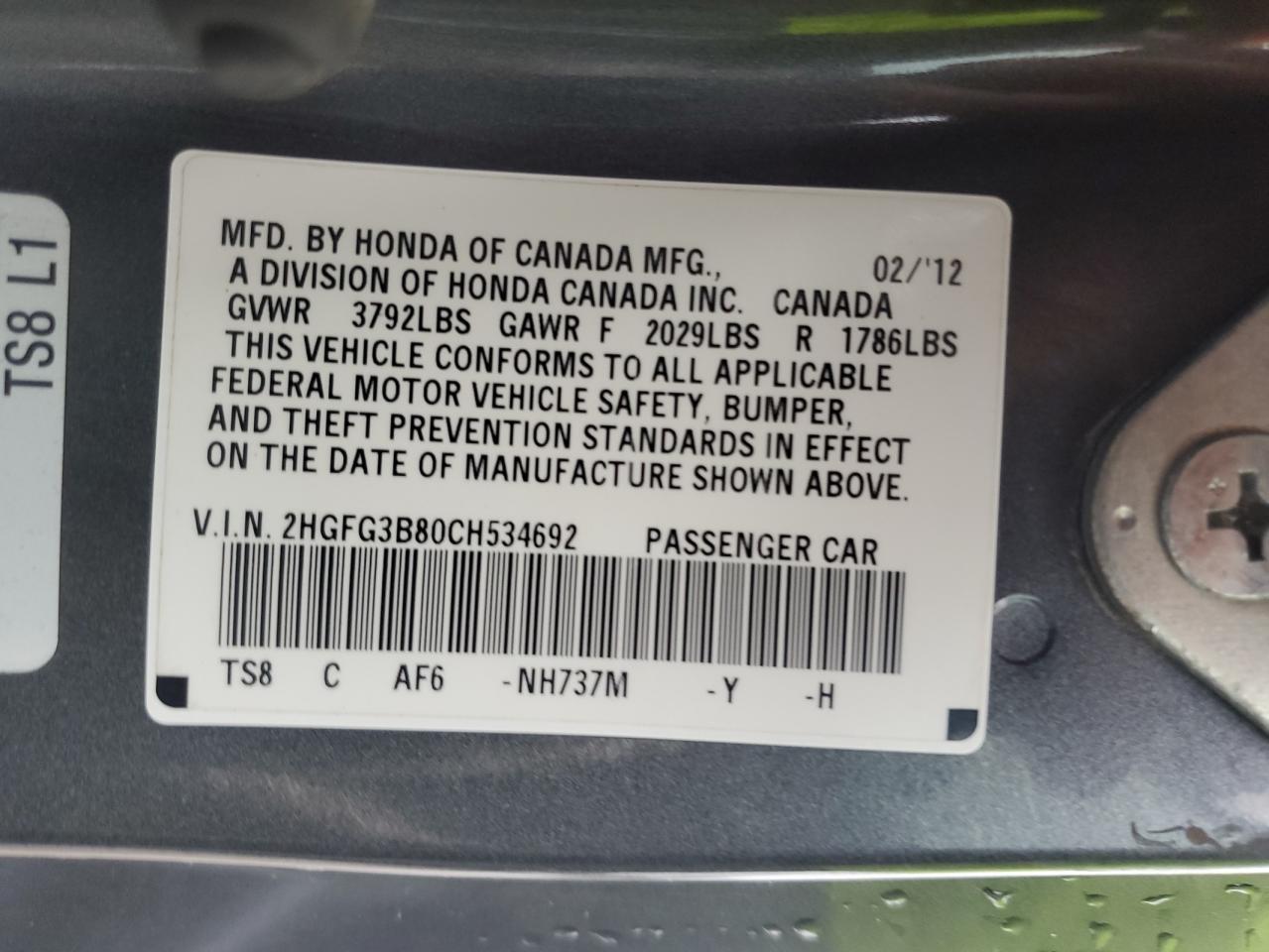 2012 Honda Civic VIN 2HGFG3B80CH534692 Copart auction photo, front end / side damage thumbnail 12