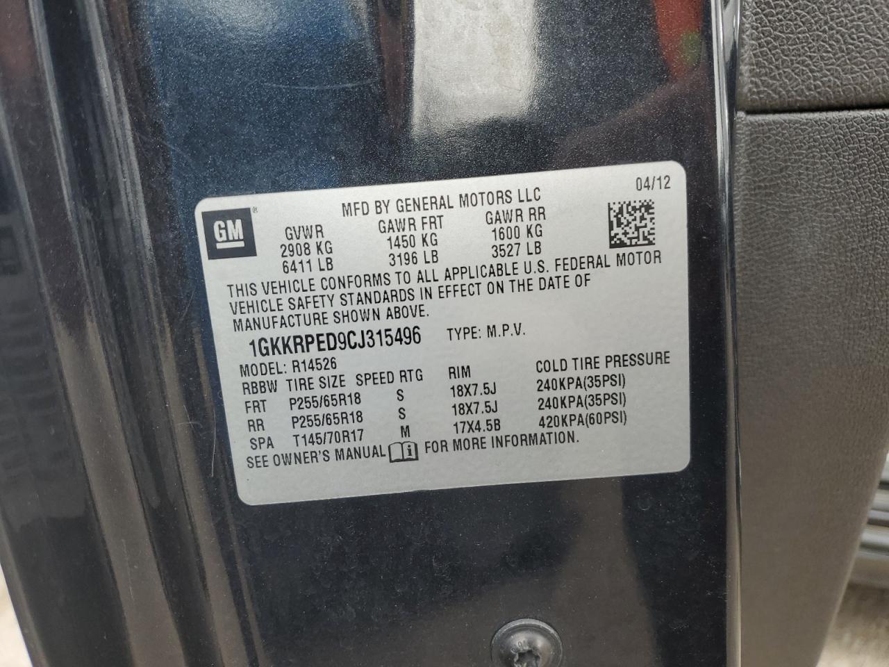 2012 GMC Acadia VIN 1GKKRPED9CJ315496 Copart auction photo, all over damage thumbnail 13