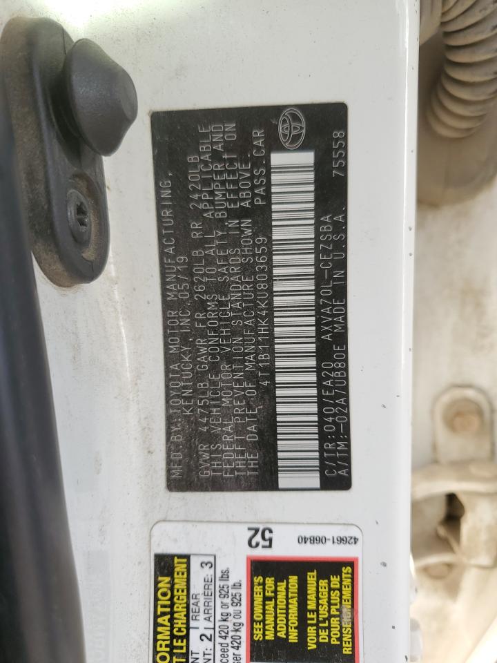 2019 Toyota Camry VIN 4T1B11HK4KU803659 Copart auction photo, all over damage thumbnail 14