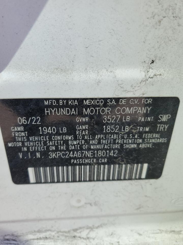 2022 Hyundai Accent VIN 3KPC24A67NE180142 Copart auction photo, rear end / front end damage thumbnail 12