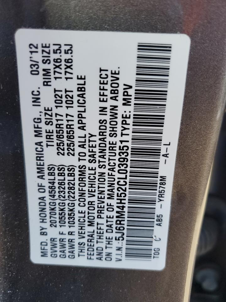 2012 Honda CR-V VIN 5J6RM4H52CL039351 Copart auction photo, side damage thumbnail 13
