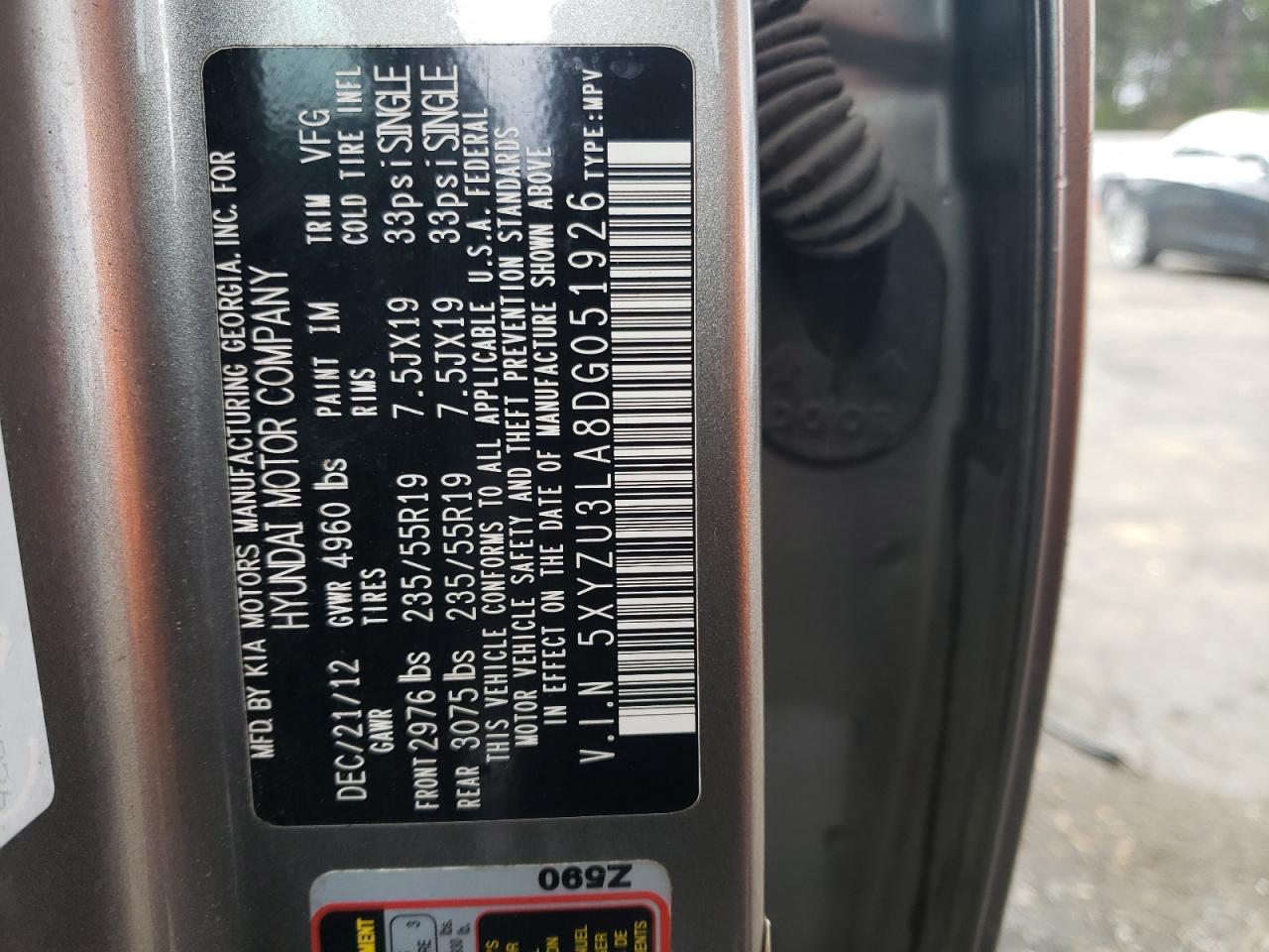 2013 Hyundai Santa Fe VIN 5XYZU3LA8DG051926 Copart auction photo, front end damage thumbnail 13