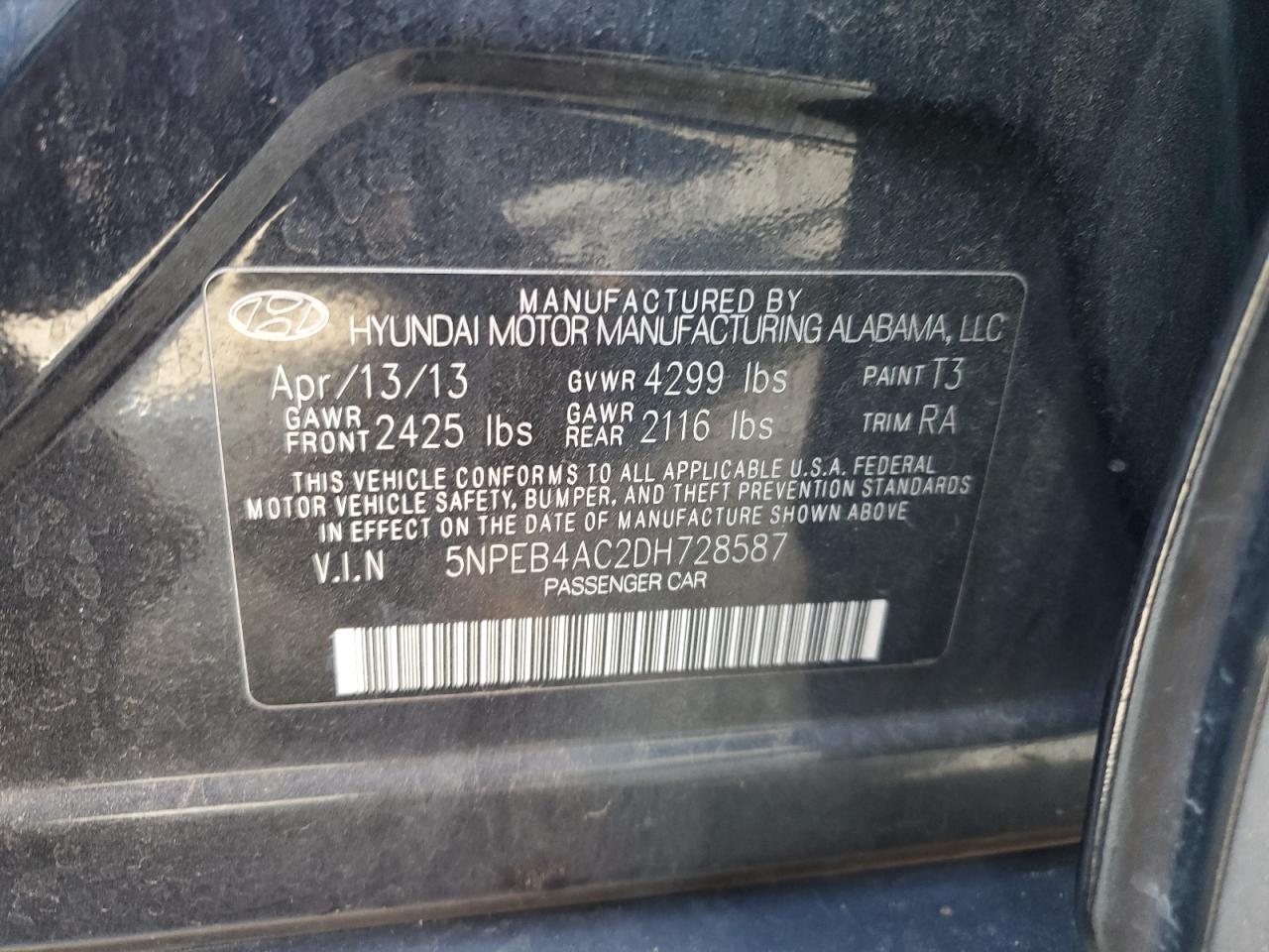 2013 Hyundai Sonata VIN 5NPEB4AC2DH728587 Copart auction photo, vandalism damage thumbnail 12