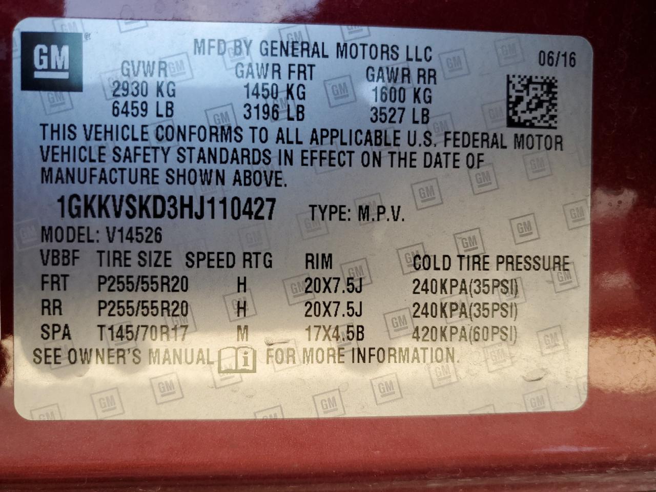 2017 GMC Acadia VIN 1GKKVSKD3HJ110427 Copart auction photo, rear end damage thumbnail 13
